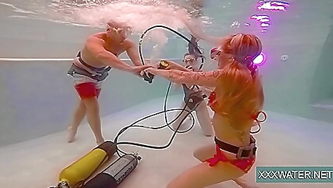 Shy blonde has fun with a guy in the pool in a porn scene