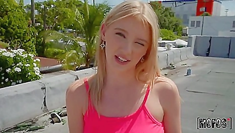 Hot blonde in a red top in a sexy outdoor scene pov