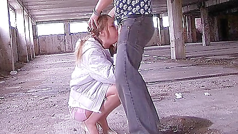 Blonde is in the outdoor area and she is getting paid