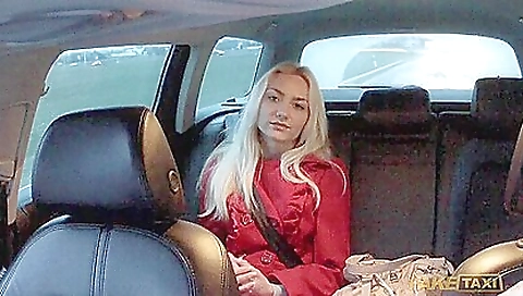 Blonde in red stockings making out in POV in the car