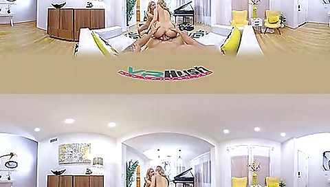 Three blonde sluts share one big cock in a vr porn scene