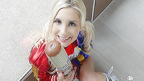 Blonde in sexy cosplay gets a handjob and a blowjob