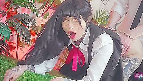 Sexy brunette in stockings and stockings with tattooed pussy