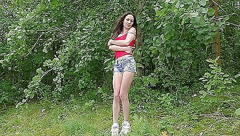 Sexy teen with small tits plays with her toy in the outdoor