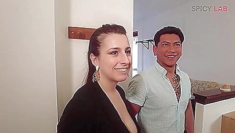 A brunette MILF with big booty takes on a group of men