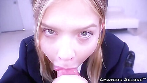 Sexy blonde face covered by big cock in deepthroat pov