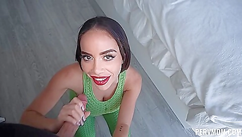 Big-titted milf rides her stepson's hard cock in the kitchen